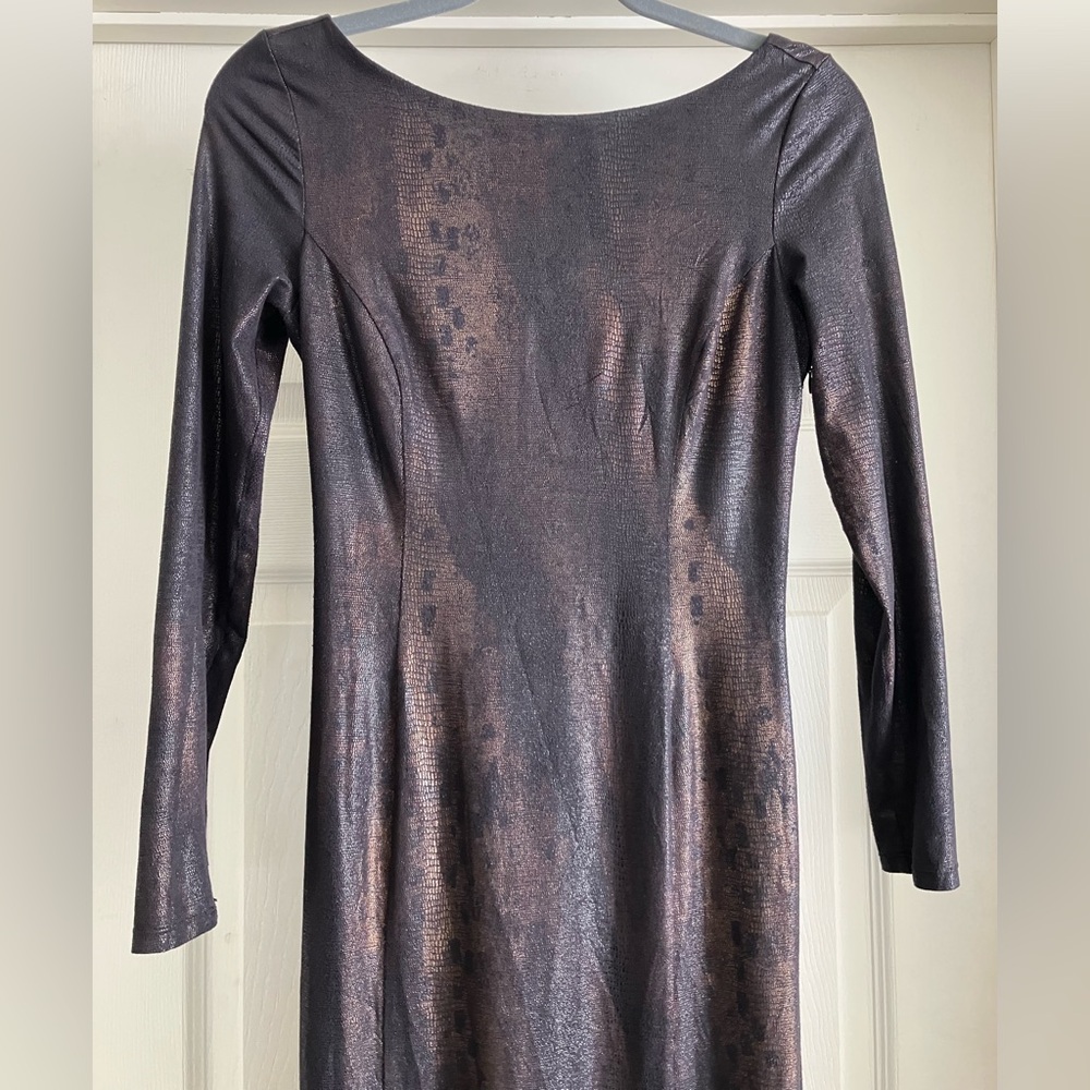 Bebe Coppertail Full Length Brown/Black/Gold Snakeskin Pattern Formal Dress
